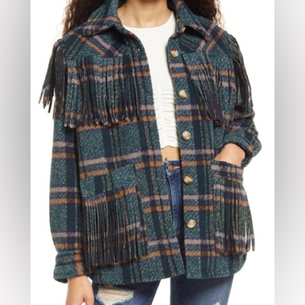 BLANKNYC x Anthropologie Fringe Plaid Shirt Jacket Heavy Duty Winter Shacket XS